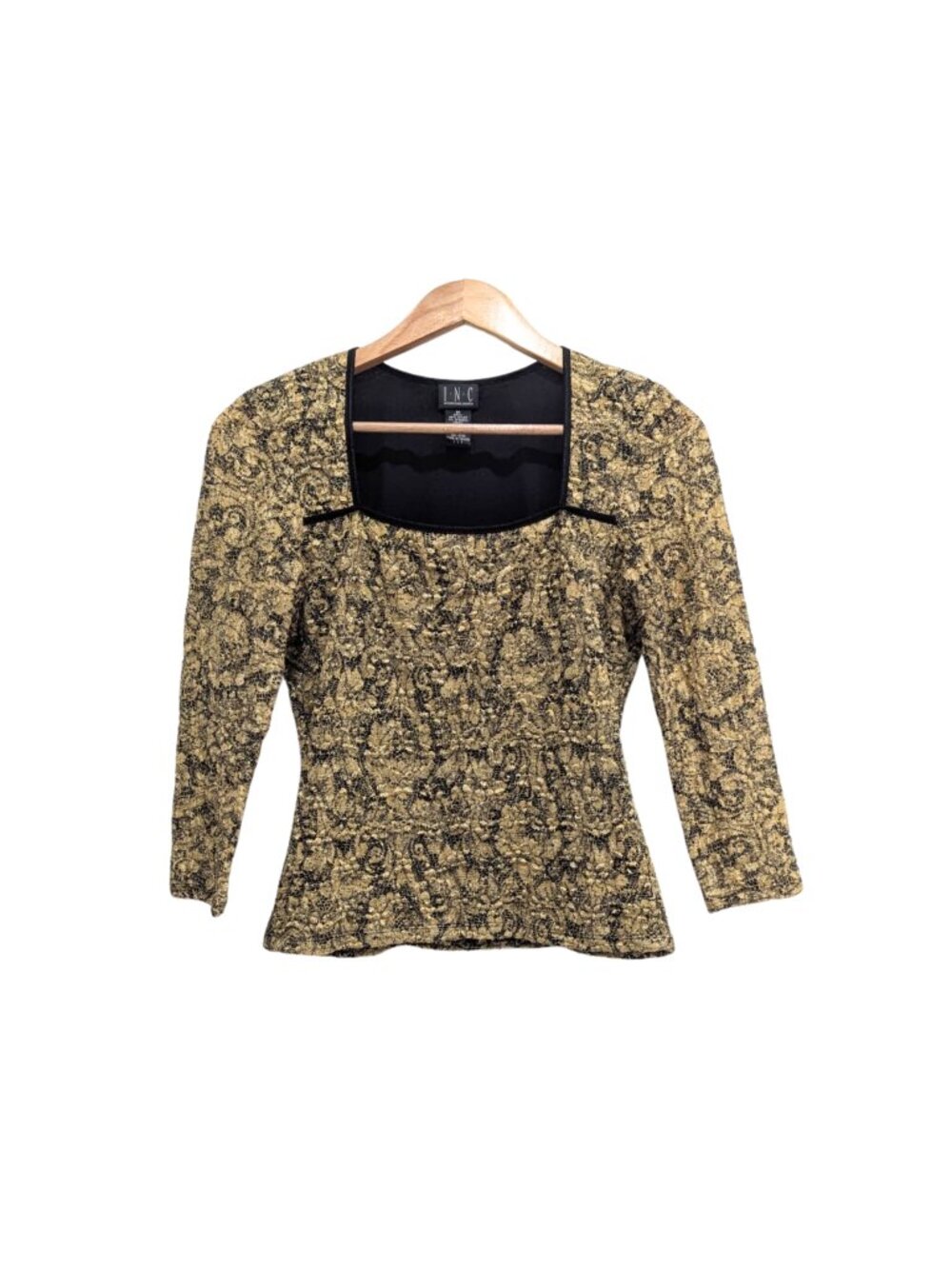 INC Gold Black Baroque Lace Top Square Neck Fitted Size M Runs Small - Picture 4 of 7